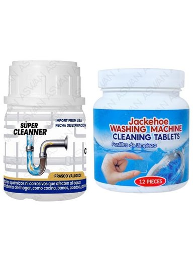 1 PASTILLA LIMPIADORA DE LAVADORA + 1 DESATORADOR DE TUBERÍA EN POLVO