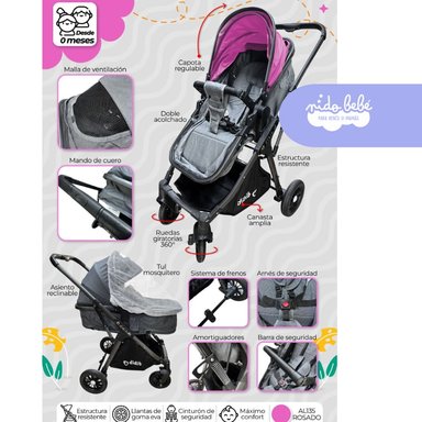 COCHE CUNA DIDIT MOISÉS DE LUJO ROSADO PLOMO