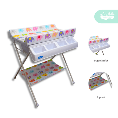 BAÑERA CAMBIADOR ELEFANTES BLANCO PLEGABLE BEBÉ ELEFANTITOS