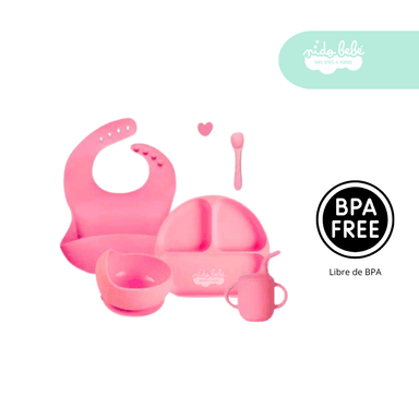 SET ALIMENTACIÓN BEBÉ 5 PIEZAS VASITO ROSADO