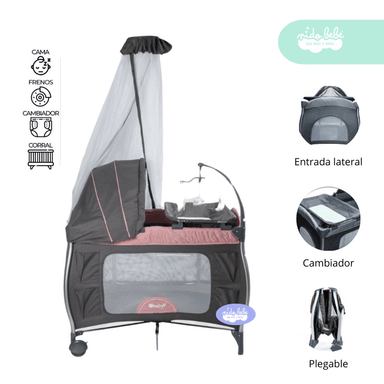 CUNA CORRAL PLOMO CON ROSA TULL PREMIUM - 3