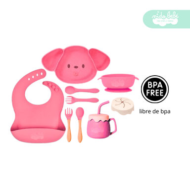 SET ALIMENTACIÓN BEBÉ PERRITO 10 PIEZAS ROSADO
