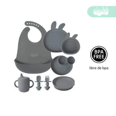 SET ALIMENTACIÓN BEBÉ CONEJITO PREMIUM PLOMO GRIS