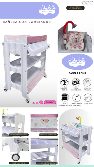 BAÑERA CON CAMBIADOR DE BEBÉ MODELO REINA ROSADO