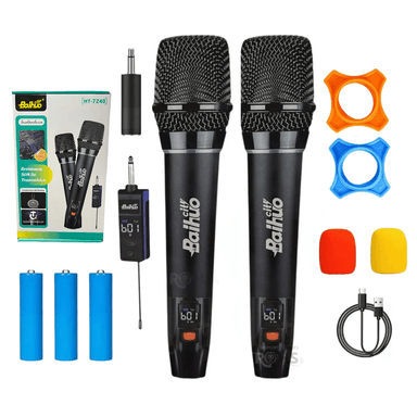 KIT DE 2 MICRÓFONOS KARAOKE INALÁMBRICOS RECARGABLES BAIHUO, MODELO MY-7240 - 1