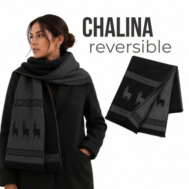 CHALINA REVERSIBLE NEGRO Y GRIS OSCURO CON DISEÑO DE LLAMAS TELA SUAVE 184 X 32 CM - 1