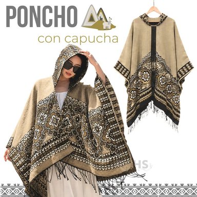 PONCHO CON CAPUCHA BEIGE CON BORDADO FLORAL DE TELA SUAVE CON FLECOS 52 X 46 CM - 1