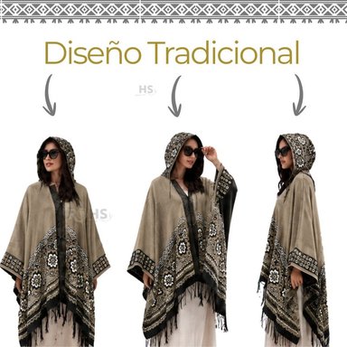 PONCHO CON CAPUCHA BEIGE CON BORDADO FLORAL DE TELA SUAVE CON FLECOS 52 X 46 CM - 3