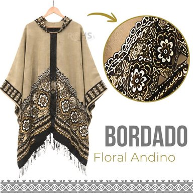 PONCHO CON CAPUCHA BEIGE CON BORDADO FLORAL DE TELA SUAVE CON FLECOS 52 X 46 CM - 7