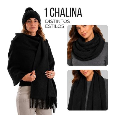 CHALINA NEGRA + GORRO CON POMPÓN DE TELA SUAVE - 2