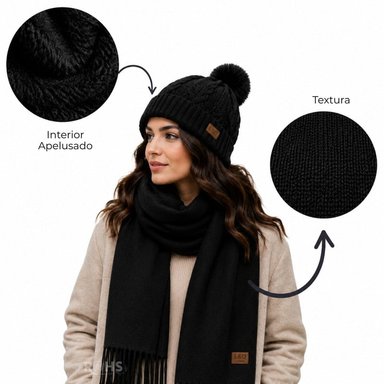 CHALINA NEGRA + GORRO CON POMPÓN DE TELA SUAVE - 4