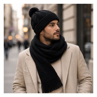 CHALINA NEGRA + GORRO CON POMPÓN DE TELA SUAVE - 7