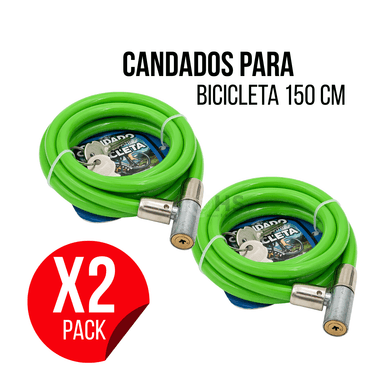 PACK X2 CANDADOS PARA BICICLETA VERDE TIPO CABLE 150 CM CON LLAVE SEGURIDAD ANTIRROBO - 1