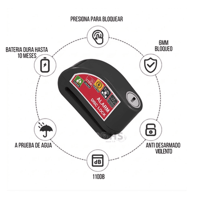 CANDADO PARA DISCO DE MOTO CON ALARMA 110DB ANTIRROBO NEGRO RESISTENTE AL AGUA - 3