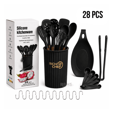 SET DE UTENSILIOS DE COCINA SILICONA 28 PIEZAS CON BASE Y ACCESORIOS RESISTENTE AL CALOR NEGRO - 1
