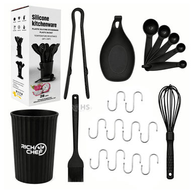 SET DE UTENSILIOS DE COCINA SILICONA 28 PIEZAS CON BASE Y ACCESORIOS RESISTENTE AL CALOR NEGRO - 3
