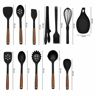 SET DE UTENSILIOS DE COCINA SILICONA 28 PIEZAS CON BASE Y ACCESORIOS RESISTENTE AL CALOR NEGRO - 4