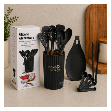 SET DE UTENSILIOS DE COCINA SILICONA 28 PIEZAS CON BASE Y ACCESORIOS RESISTENTE AL CALOR NEGRO - 5