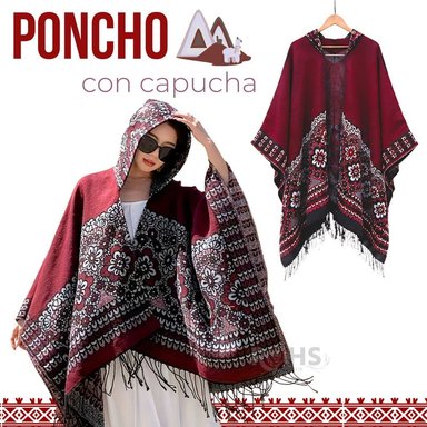 PONCHO CON CAPUCHA ROJA CON BORDADO FLORAL DE TELA SUAVE CON FLECOS 52 X 46 CM - 1