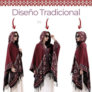 PONCHO CON CAPUCHA ROJA CON BORDADO FLORAL DE TELA SUAVE CON FLECOS 52 X 46 CM - 3