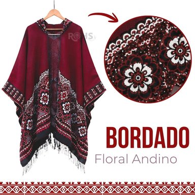 PONCHO CON CAPUCHA ROJA CON BORDADO FLORAL DE TELA SUAVE CON FLECOS 52 X 46 CM - 7
