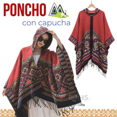 PONCHO CON CAPUCHA ROJA CON BORDADO COLORIDO DE TELA SUAVE CON FLECOS 52 X 46 CM - 1