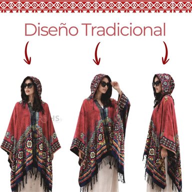PONCHO CON CAPUCHA ROJA CON BORDADO COLORIDO DE TELA SUAVE CON FLECOS 52 X 46 CM - 3
