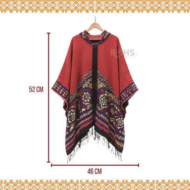 PONCHO CON CAPUCHA ROJA CON BORDADO COLORIDO DE TELA SUAVE CON FLECOS 52 X 46 CM - 5