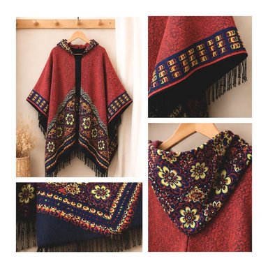 PONCHO CON CAPUCHA ROJA CON BORDADO COLORIDO DE TELA SUAVE CON FLECOS 52 X 46 CM - 6