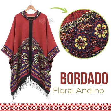 PONCHO CON CAPUCHA ROJA CON BORDADO COLORIDO DE TELA SUAVE CON FLECOS 52 X 46 CM - 7