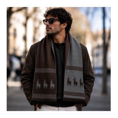 CHALINA REVERSIBLE MARRÓN Y GRIS OSCURO CON DISEÑO DE LLAMAS TELA SUAVE 184 X 32 CM - 3