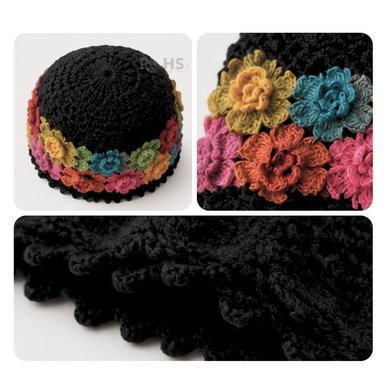 CHALINA NEGRA + GORRO TEJIDO CON FLORES MULTICOLOR DE TELA SUAVE - 7