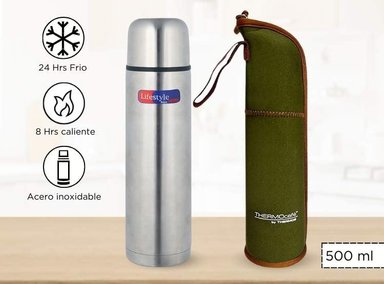 SET TERMO THERMOS LIFESTYLE ACERO INOXIDABLE BEBIDA + FUNDA 500ML PLATEADO