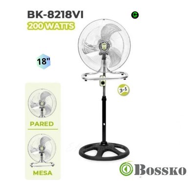 VENTILADOR DE PIE BOSSKO BK-8218VI 200 WATTS 3 EN 1 METAL