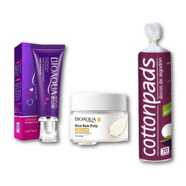 CREMA BIOAQUA DESPIGMENTANTE + EXFOLIANTE ARROZ+ DISCOS ALGODÓN DESMAQUILLANTE 70 UND - 1