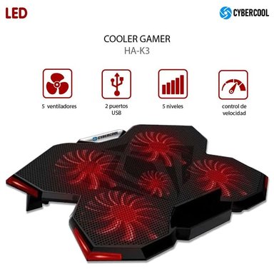 COOLER HALION CYBERCOOL PARA LAPTOP GAMER HA-K3 5 VENTILADORES LED ROJO - 1