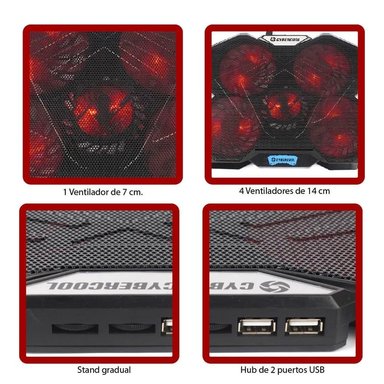 COOLER HALION CYBERCOOL PARA LAPTOP GAMER HA-K3 5 VENTILADORES LED ROJO - 3