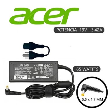 CARGADOR COMPATIBLE ACER 19V 3.42A - 5.5 X 1.7MM 65W PUNTA AMARILLA