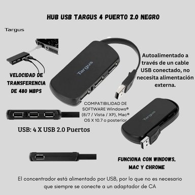 HUB TARGUS USB 4 PORT 2.0 NEGRO - 1