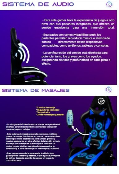 SILLA GAMER ROJO DP PRO-RD LUZ RGB BLUETOOTH MASAJEADOR COLOR NEGRO - 4