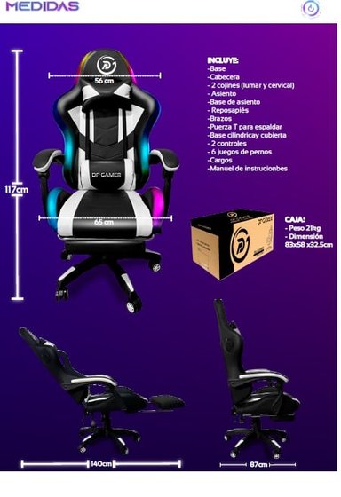 SILLA GAMER AZUL DP PRO-BL LUZ RGB BLUETOOTH MASAJEADOR COLOR NEGRO - 6