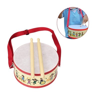 TAMBOR DE MADERA INFANTIL ROJO CON CORREA Y 2 BAQUETAS