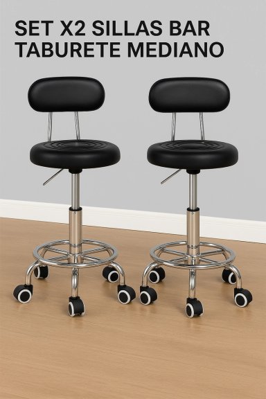 SET 2 SILLAS BANCO BAR BUTACO GIRATORIO TABURETE PU NEGRO ACERO INOXIDABLE