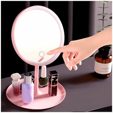 ESPEJO CIRCULAR CON LUZ LED EN COLOR ROSADO