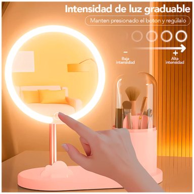 ESPEJO LED CON ORGANIZADOR GIRATORIO DE MAQUILLAJE BLANCO