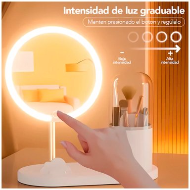 ESPEJO LED CON ORGANIZADOR GIRATORIO DE MAQUILLAJE ROSADO
