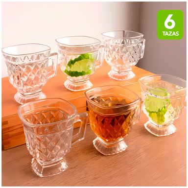 SET JUEGOS DE 6 TAZAS DE VIDRIO LABRADO - CAFÉ TE