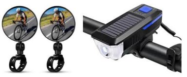 KIT ESPEJO PARA CICLISTA +LUZ DELANRTERA CON CLÁXON 140DB Y 250LM