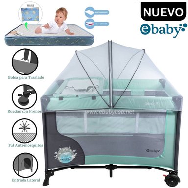 CUNA CORRAL EBABY CON CAMBIADOR HAPPY DREAM VERDE+COLCHÓN
