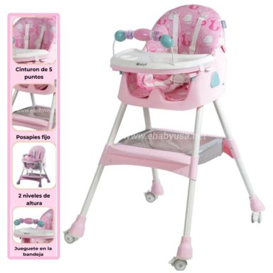 SILLA DE COMER EBABY PLEGABLE DOBLE BANDEJA LULU ROSADO CON RUEDAS